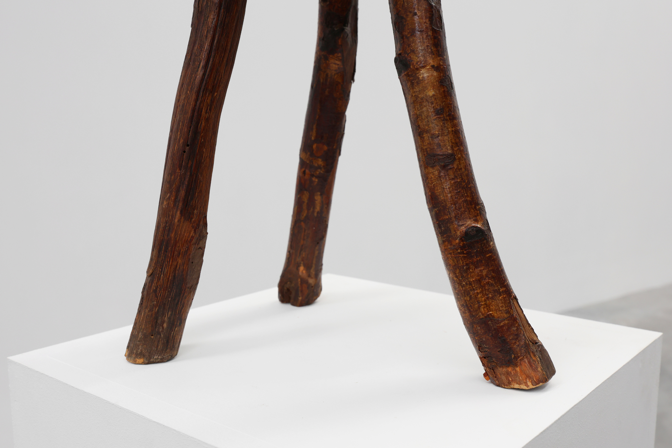French wabi sabi style low tripod stool in solid wood, 1850sthumbnail